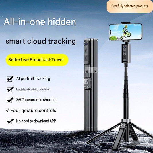 AI-powered intelligent face-tracking gimbal with Bluetooth integrated hidden selfie stick and floor-standing live streaming stand.