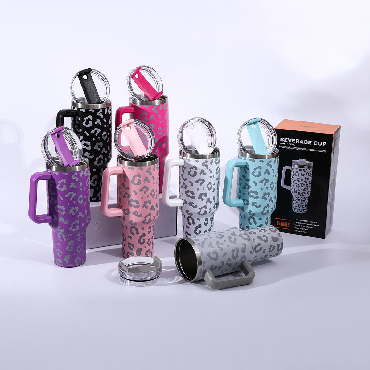 304 stainless steel leopard print handle car cup ice cup portable outdoor travel thermos cup car water cup