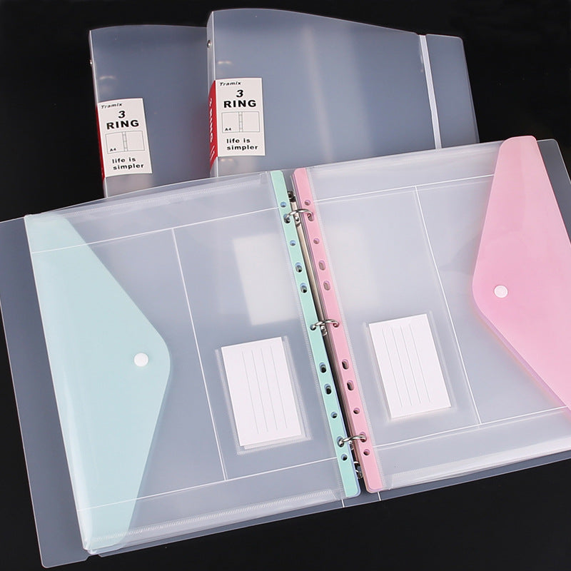 PP transparent 3-hole binder with elastic band and buckle for exam paper storage, sheet music folder, document flipping booklet, and file bag.