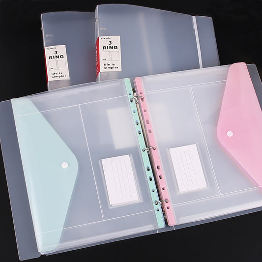 PP transparent 3-hole binder with elastic band and buckle for exam paper storage, sheet music folder, document flipping booklet, and file bag.