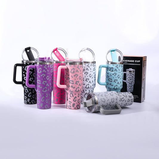 304 stainless steel leopard print handle car cup ice cup portable outdoor travel thermos cup car water cup