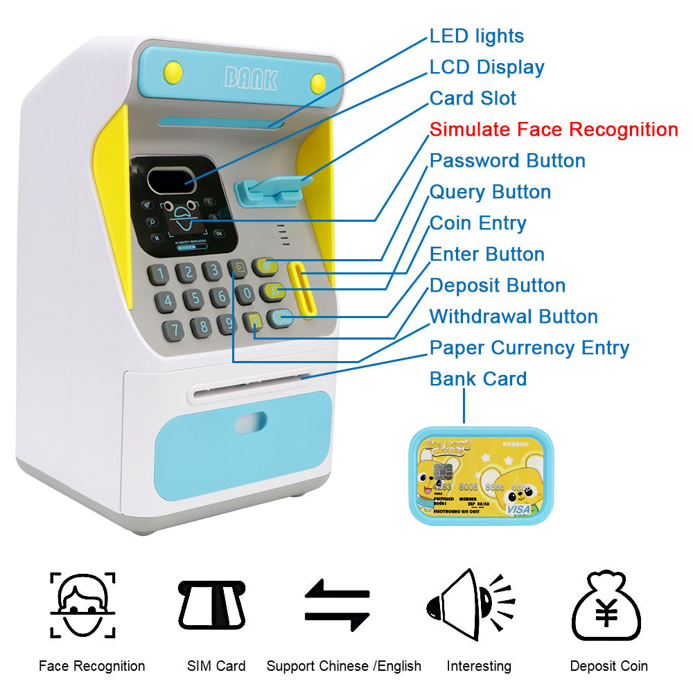 Simulation Face Recognition ATM Cash Deposit Box Simulation Password Automatic Rolling Money Safe Deposit Box Educational Toys