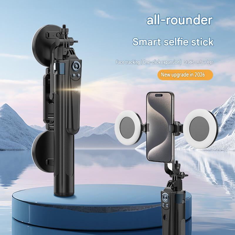 AI-powered intelligent face-tracking gimbal with Bluetooth integrated hidden selfie stick and floor-standing live streaming stand.