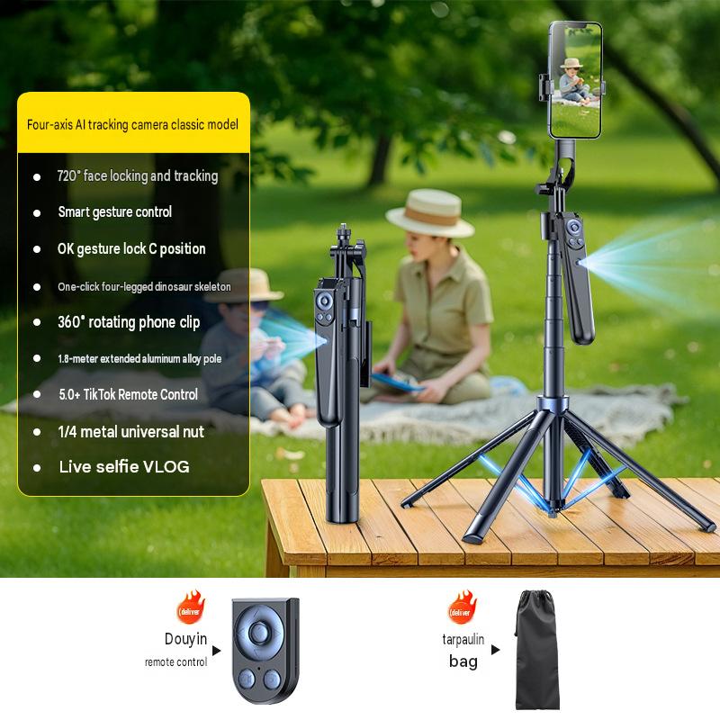 AI-powered intelligent face-tracking gimbal with Bluetooth integrated hidden selfie stick and floor-standing live streaming stand.