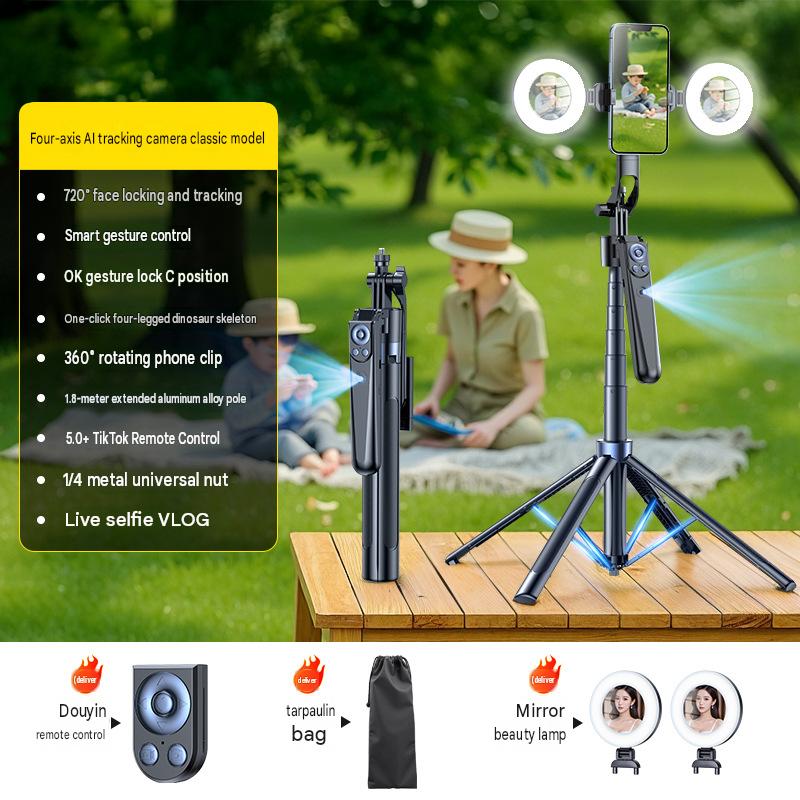 AI-powered intelligent face-tracking gimbal with Bluetooth integrated hidden selfie stick and floor-standing live streaming stand.