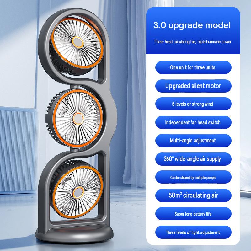 New cross-border desktop fan with multi-functional lighting, outdoor travel, USB charging, three-head fan, office circulation fan.