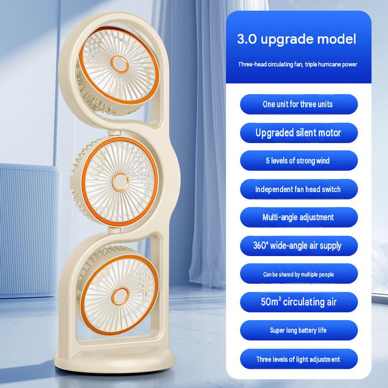 New cross-border desktop fan with multi-functional lighting, outdoor travel, USB charging, three-head fan, office circulation fan.